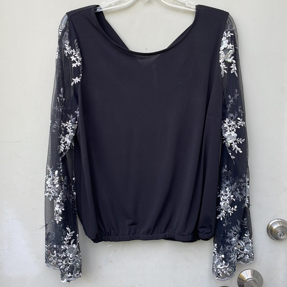 EUC Always Indigo Black Silver Lace Embroidered Slit Bell Sleeves